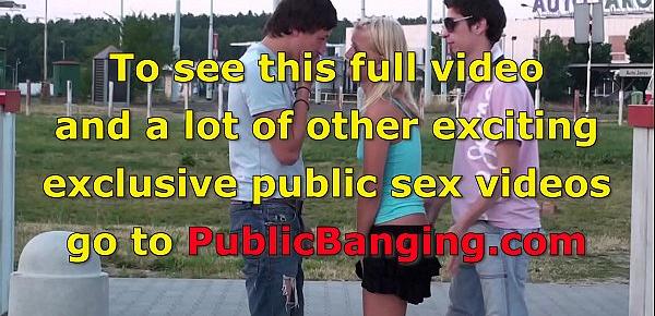  A young blonde pretty girl in public threesome gang bang